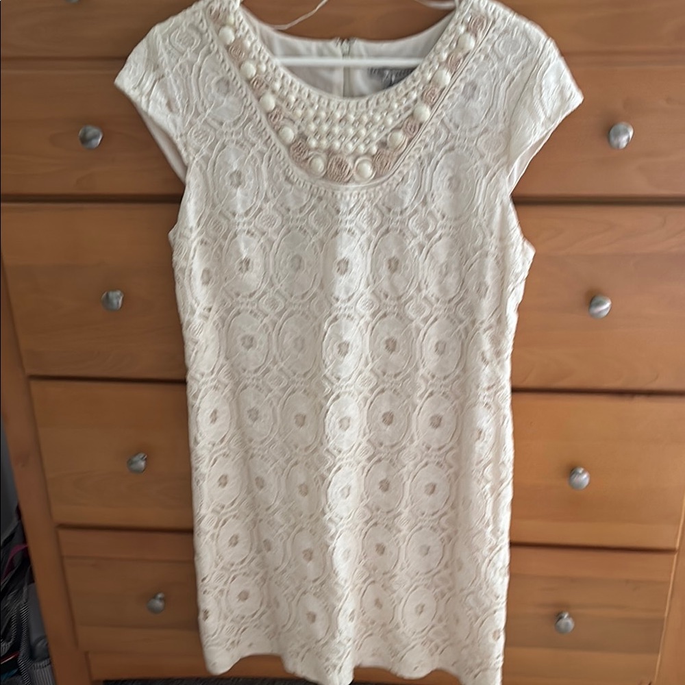 Sandra Darren Cream Sheath Mini Dress with Beaded Neckline